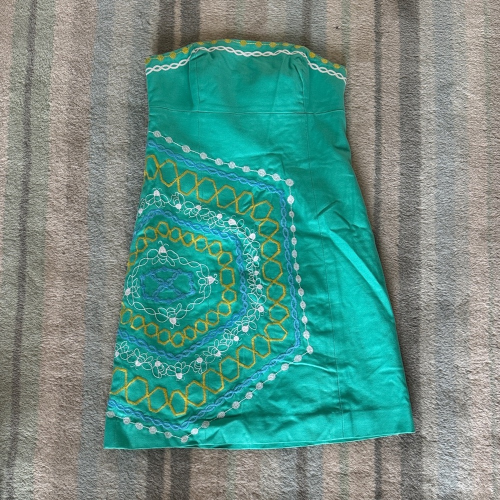 Lily Pulitzer Strapless Turquoise Embroidered Summer Dress